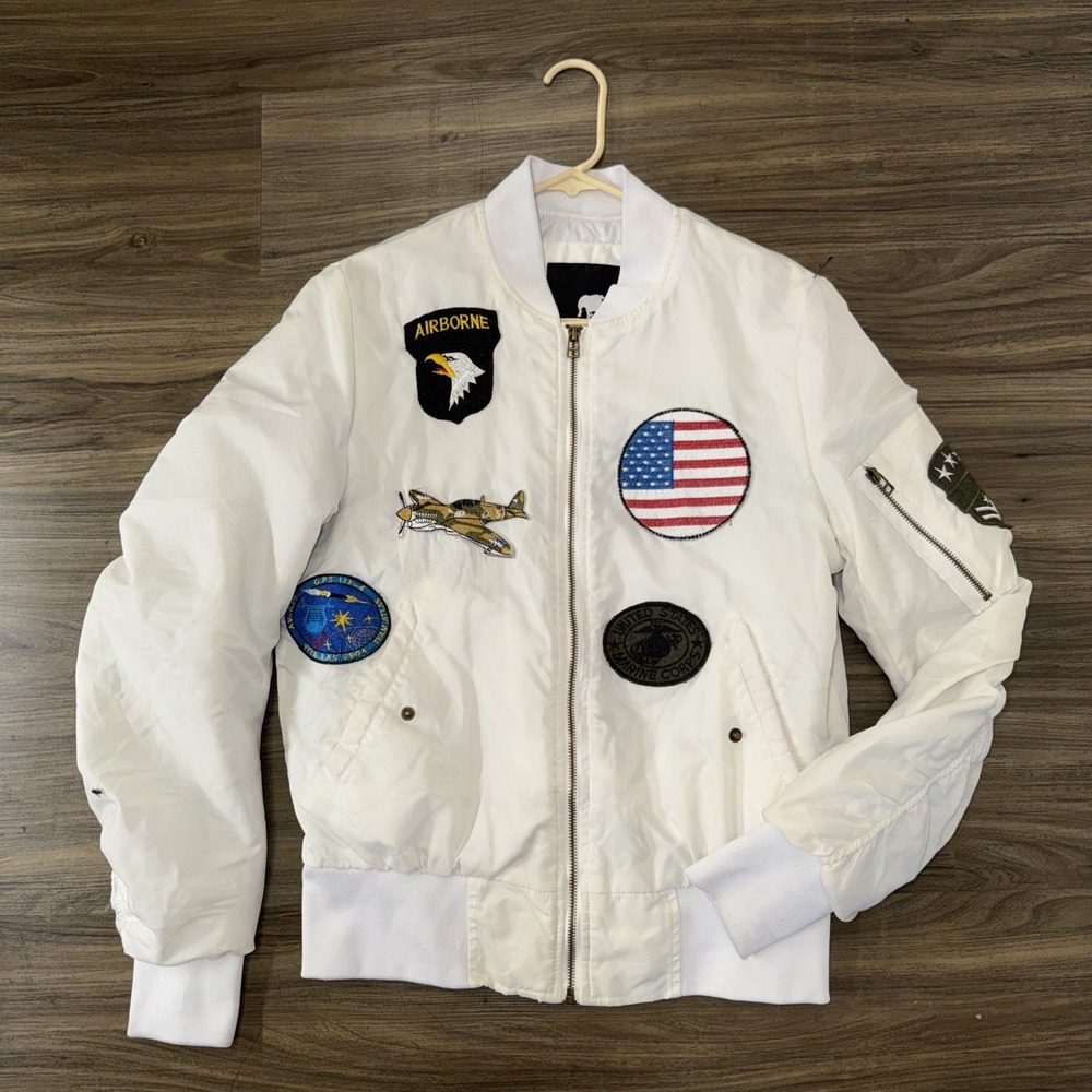 American Stitch Men's White Aviator Bomber Flight Jacket S Army F3 USA Head Hun
